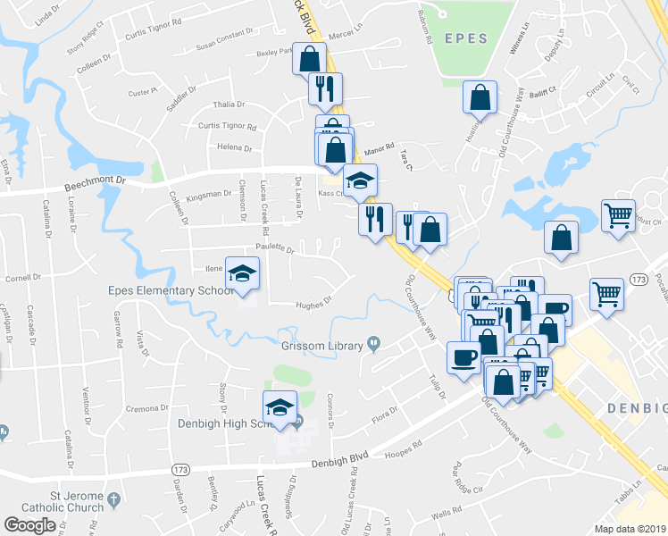 map of restaurants, bars, coffee shops, grocery stores, and more near 362 Paulette Drive in Newport News
