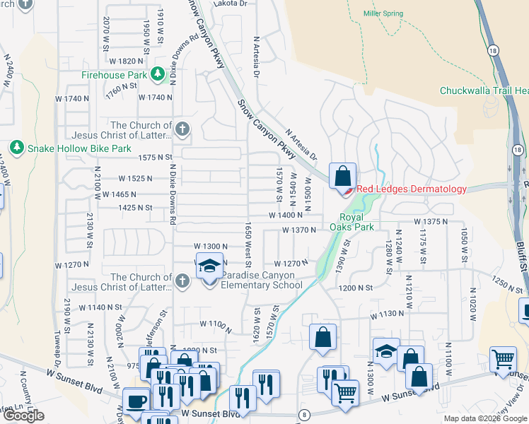 map of restaurants, bars, coffee shops, grocery stores, and more near 1604 West 1400 North in St. George