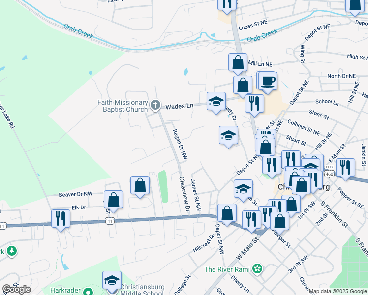 map of restaurants, bars, coffee shops, grocery stores, and more near 300 Ragan Drive Northwest in Christiansburg