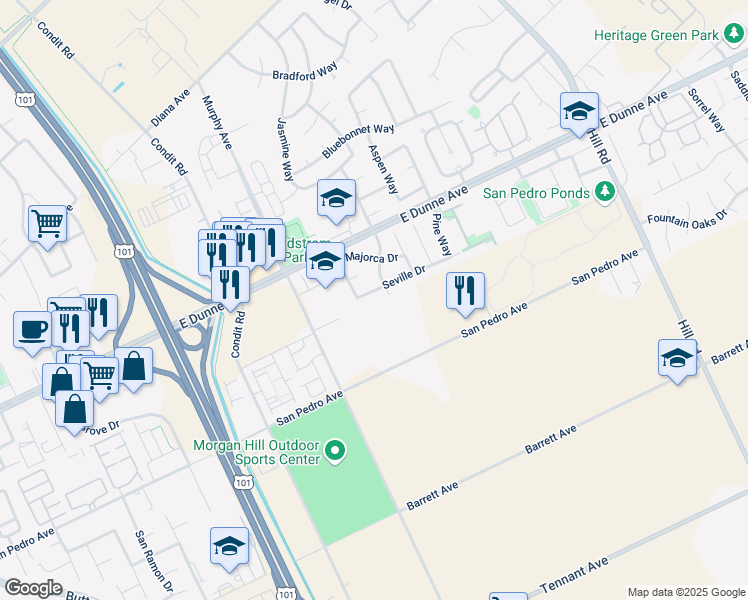 map of restaurants, bars, coffee shops, grocery stores, and more near 1480 Seville Drive in Morgan Hill