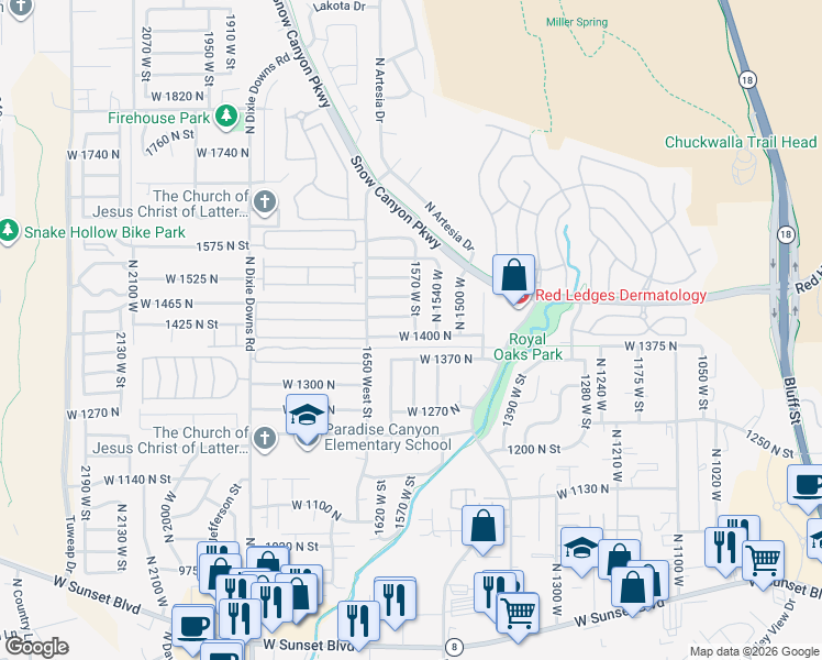 map of restaurants, bars, coffee shops, grocery stores, and more near 1411 N 1570 W in St George