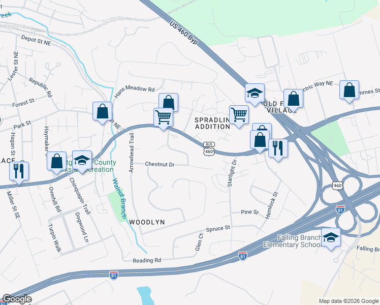 map of restaurants, bars, coffee shops, grocery stores, and more near 260 Barkwood St in Christiansburg