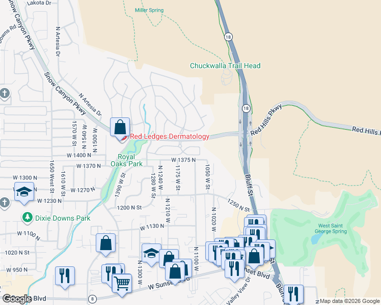 map of restaurants, bars, coffee shops, grocery stores, and more near 1143 West Snow Canyon Parkway in St. George