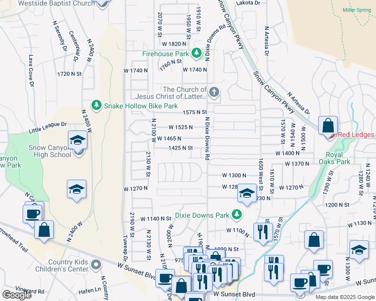 map of restaurants, bars, coffee shops, grocery stores, and more near 1917 1425 North Street in St. George