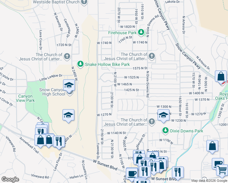 map of restaurants, bars, coffee shops, grocery stores, and more near 2073 1425 North Street in St. George