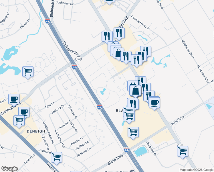 map of restaurants, bars, coffee shops, grocery stores, and more near 111 Spring House Way in Newport News