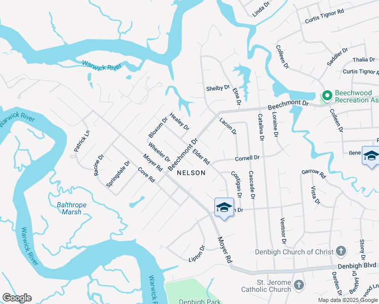 map of restaurants, bars, coffee shops, grocery stores, and more near 895 Elder Road in Newport News