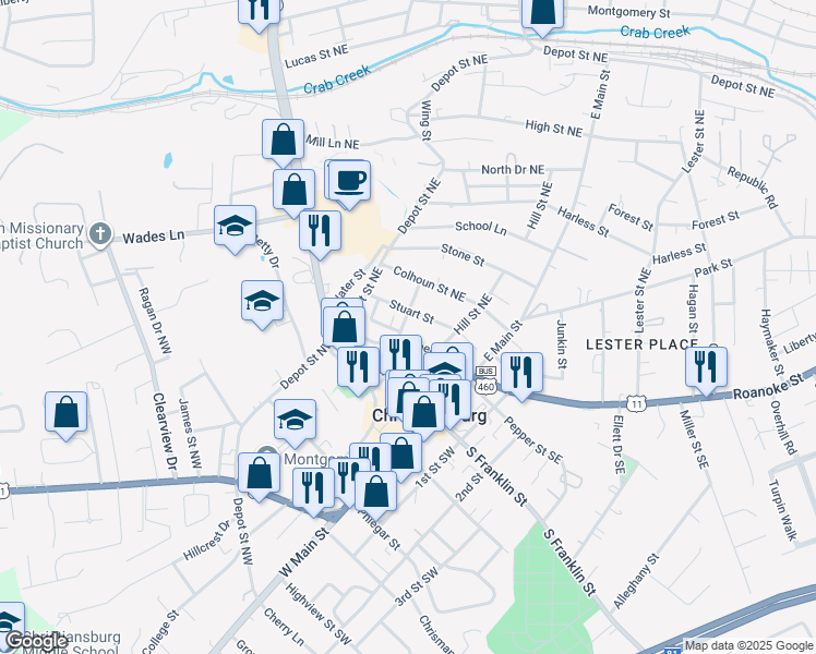 map of restaurants, bars, coffee shops, grocery stores, and more near 105 Quality Rd in Christiansburg