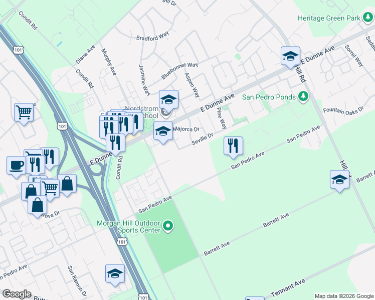map of restaurants, bars, coffee shops, grocery stores, and more near 1480 Seville Drive in Morgan Hill