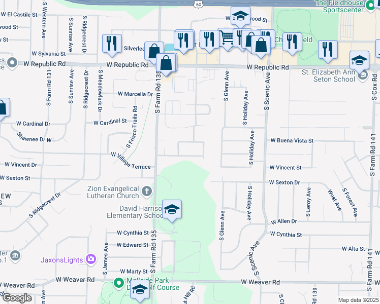 map of restaurants, bars, coffee shops, grocery stores, and more near 2975 West Village Terrace in Springfield