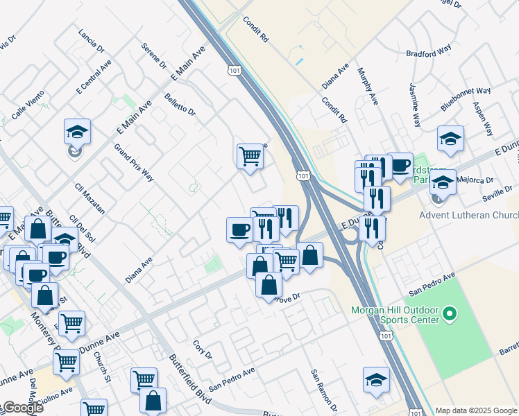 map of restaurants, bars, coffee shops, grocery stores, and more near 17082 Saint Brendan Loop in Morgan Hill