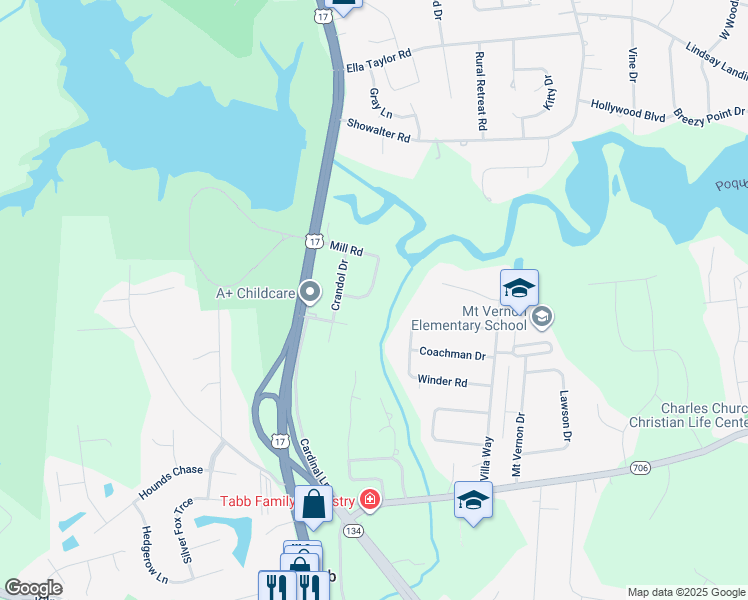 map of restaurants, bars, coffee shops, grocery stores, and more near 313 Mill Road in Yorktown