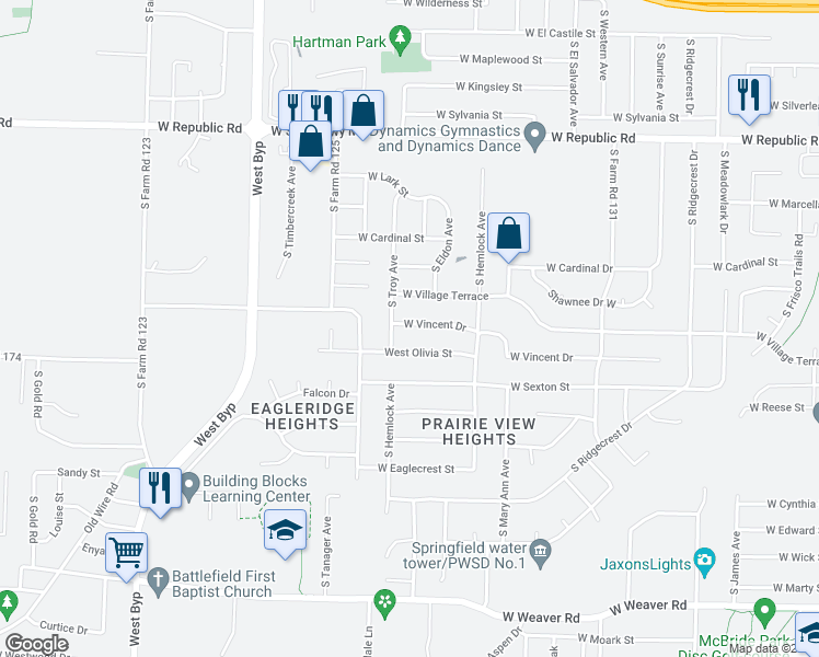 map of restaurants, bars, coffee shops, grocery stores, and more near 3862 West Vincent Drive in Springfield