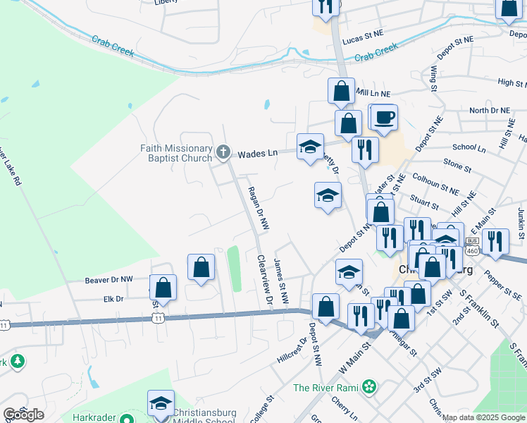 map of restaurants, bars, coffee shops, grocery stores, and more near 300 Ragan Drive Northwest in Christiansburg