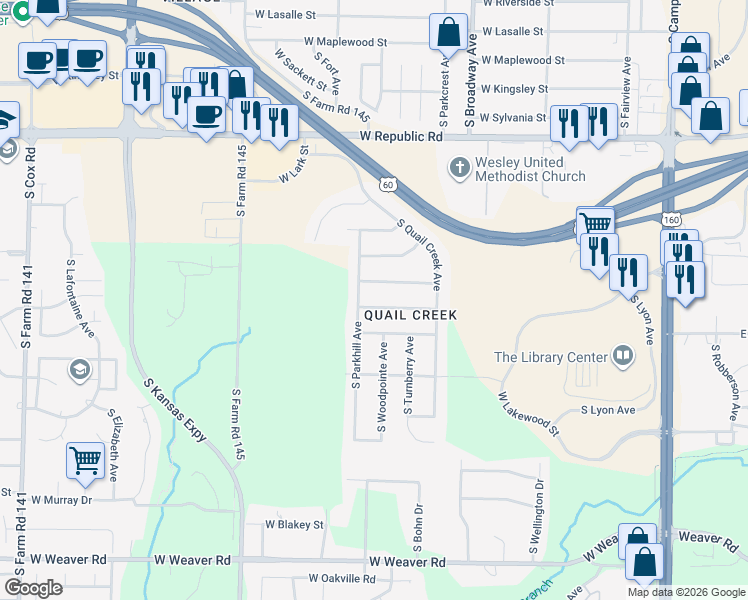 map of restaurants, bars, coffee shops, grocery stores, and more near 1191 W Shawnee St in Springfield