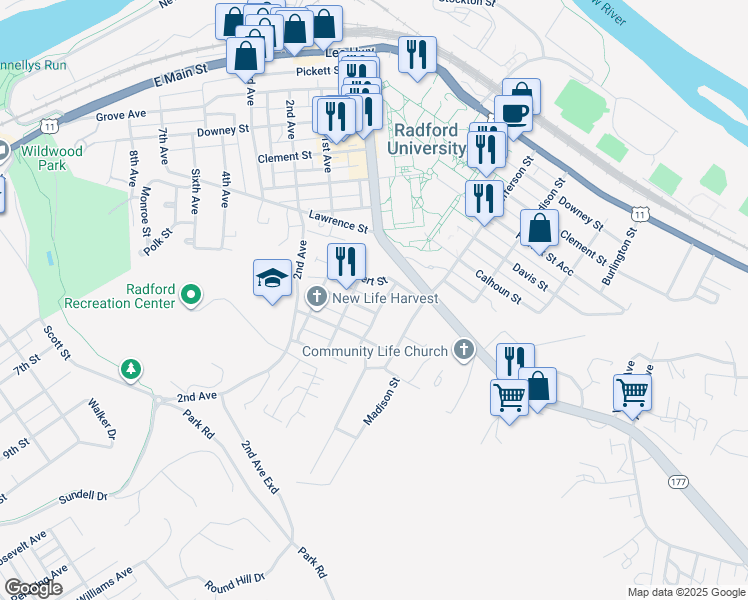 map of restaurants, bars, coffee shops, grocery stores, and more near 115 McConnell Avenue in Radford