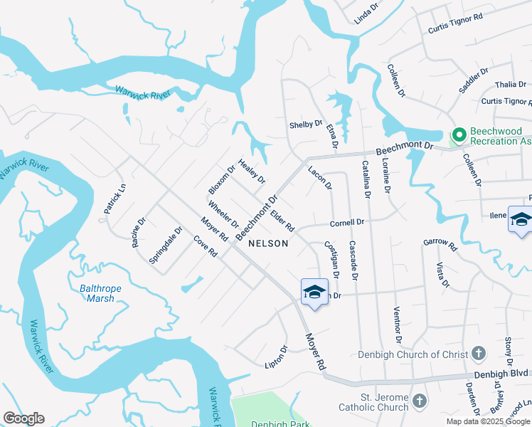 map of restaurants, bars, coffee shops, grocery stores, and more near 895 Elder Road in Newport News