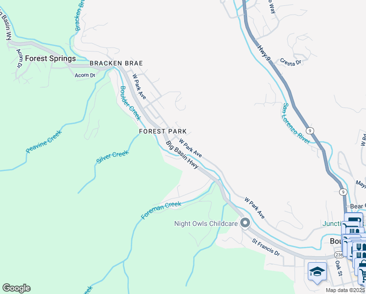 map of restaurants, bars, coffee shops, grocery stores, and more near 14405 West Park Avenue in Boulder Creek