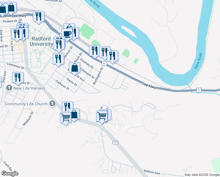 map of restaurants, bars, coffee shops, grocery stores, and more near 301 Clement Street in Radford