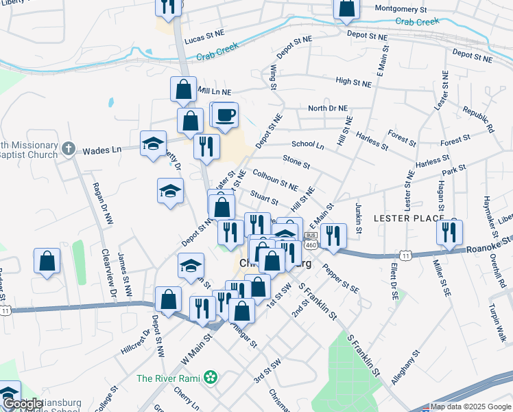 map of restaurants, bars, coffee shops, grocery stores, and more near 106 Chapel Street in Christiansburg