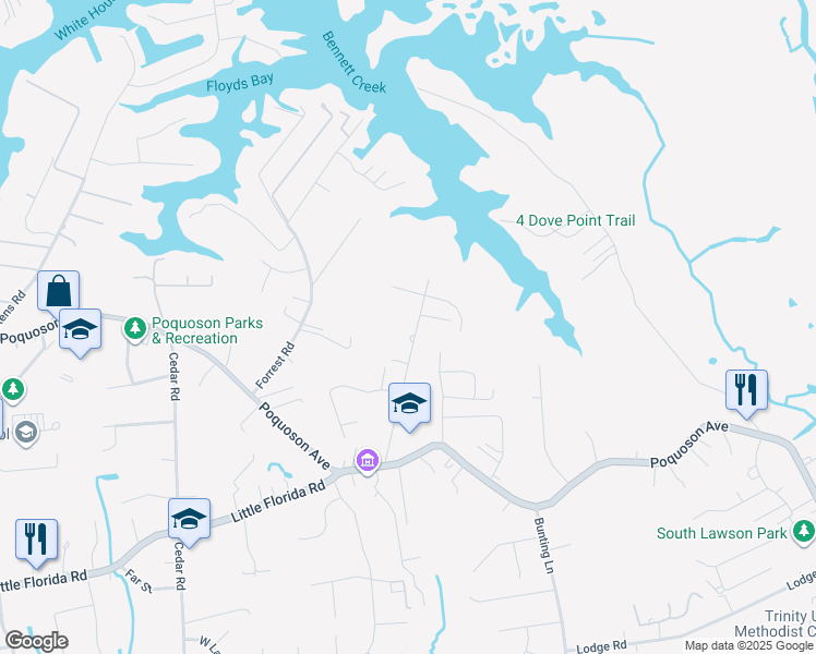 map of restaurants, bars, coffee shops, grocery stores, and more near 65 Poplar Street in Poquoson