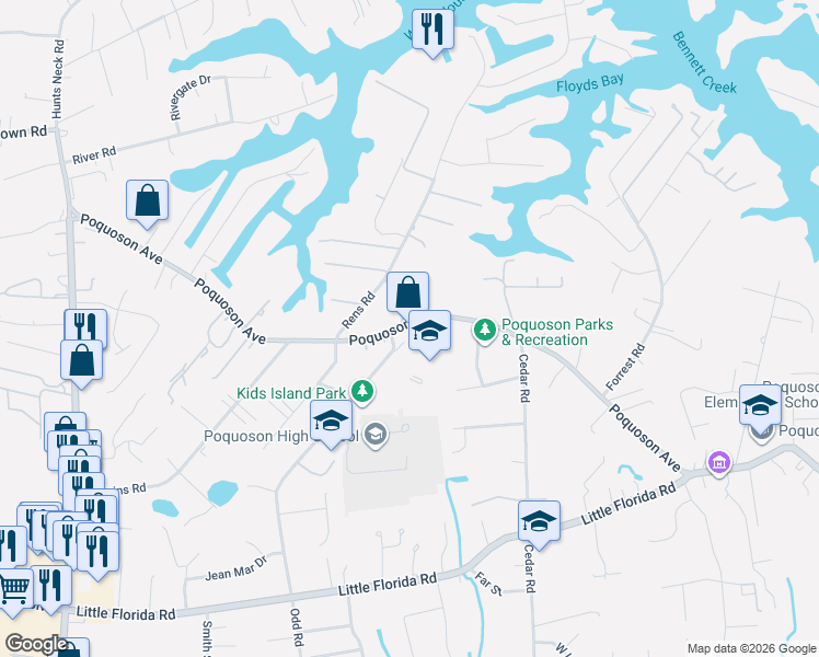 map of restaurants, bars, coffee shops, grocery stores, and more near 796 Poquoson Avenue in Poquoson