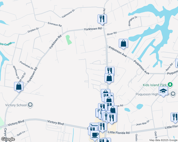 map of restaurants, bars, coffee shops, grocery stores, and more near 89 Charles Parish Drive in Poquoson