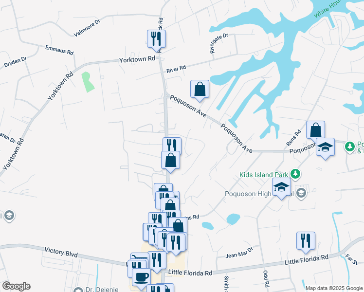map of restaurants, bars, coffee shops, grocery stores, and more near 10 Bannister Court in Poquoson