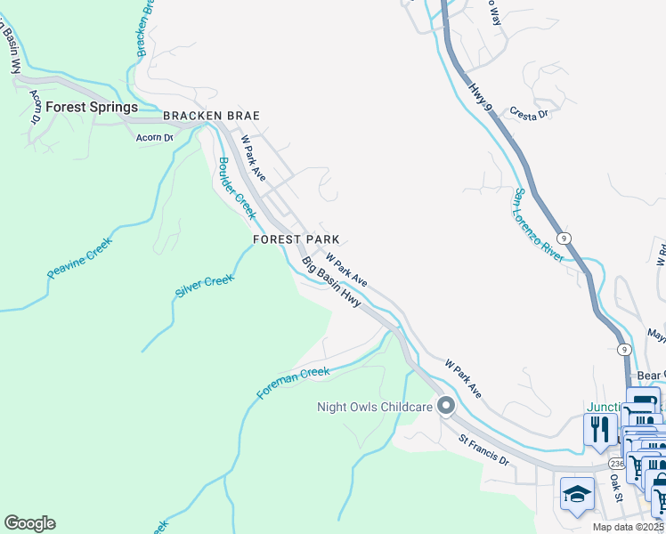 map of restaurants, bars, coffee shops, grocery stores, and more near 14405 West Park Avenue in Boulder Creek
