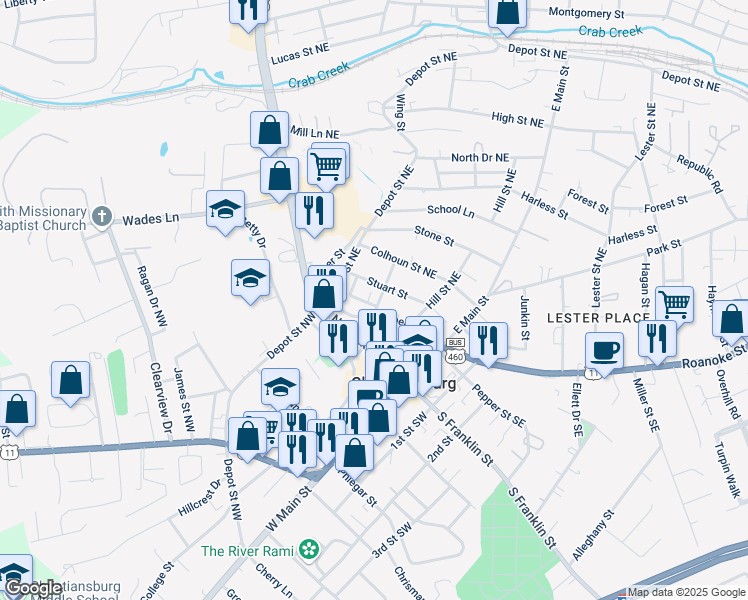 map of restaurants, bars, coffee shops, grocery stores, and more near 106 Chapel Street in Christiansburg