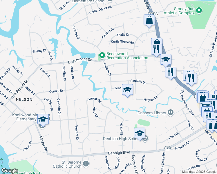 map of restaurants, bars, coffee shops, grocery stores, and more near 865 Colleen Dr in Newport News