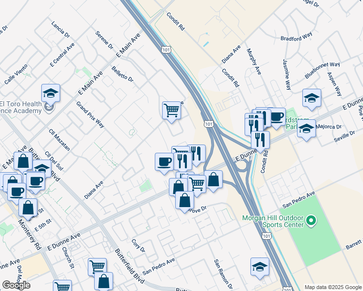 map of restaurants, bars, coffee shops, grocery stores, and more near 17082 Saint Brendan Loop in Morgan Hill