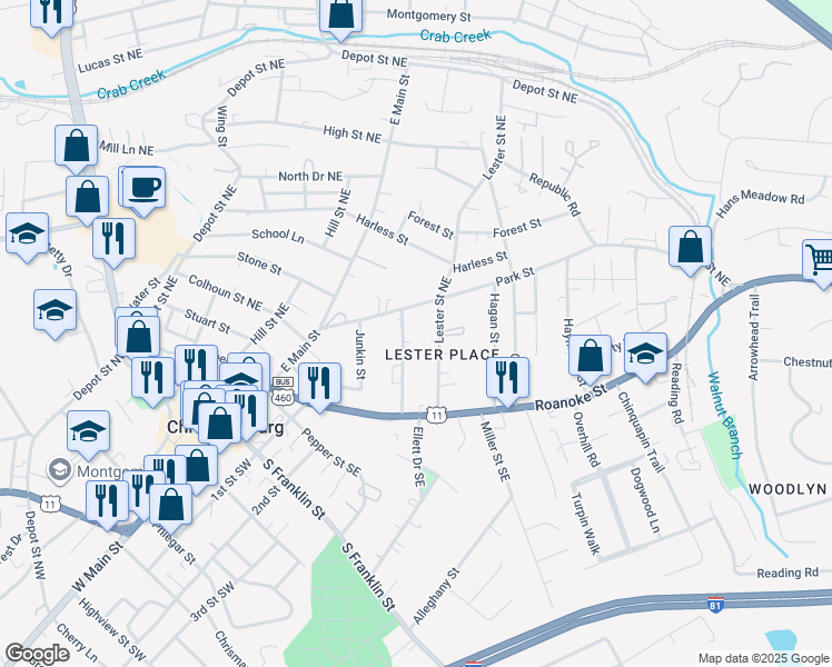 map of restaurants, bars, coffee shops, grocery stores, and more near 201 Evans Street in Christiansburg
