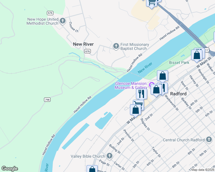 map of restaurants, bars, coffee shops, grocery stores, and more near 7193 State Route 626 in Radford