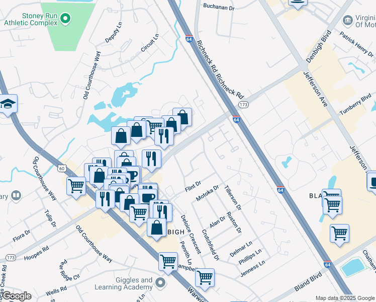 map of restaurants, bars, coffee shops, grocery stores, and more near 470 Denbigh Boulevard in Newport News