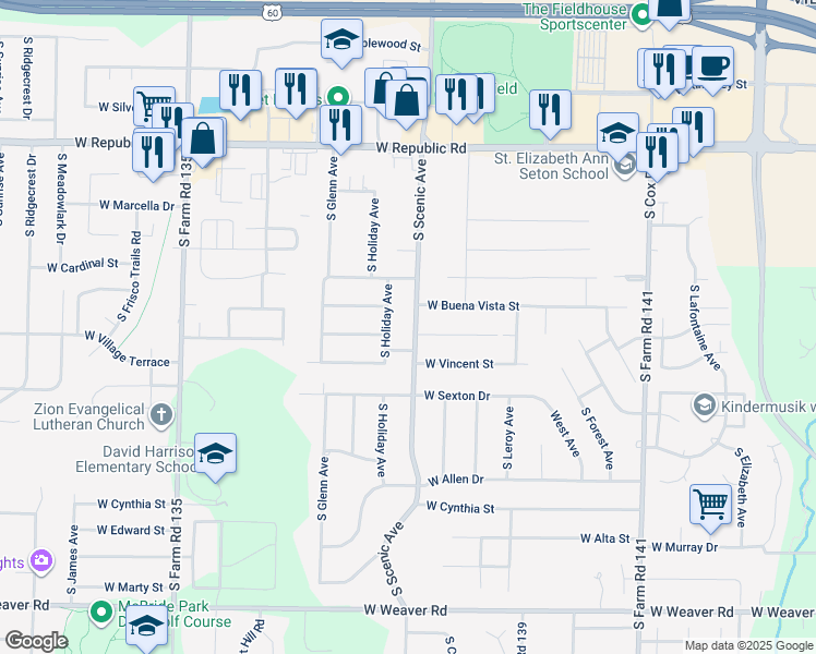 map of restaurants, bars, coffee shops, grocery stores, and more near 4505 South Scenic Avenue in Springfield