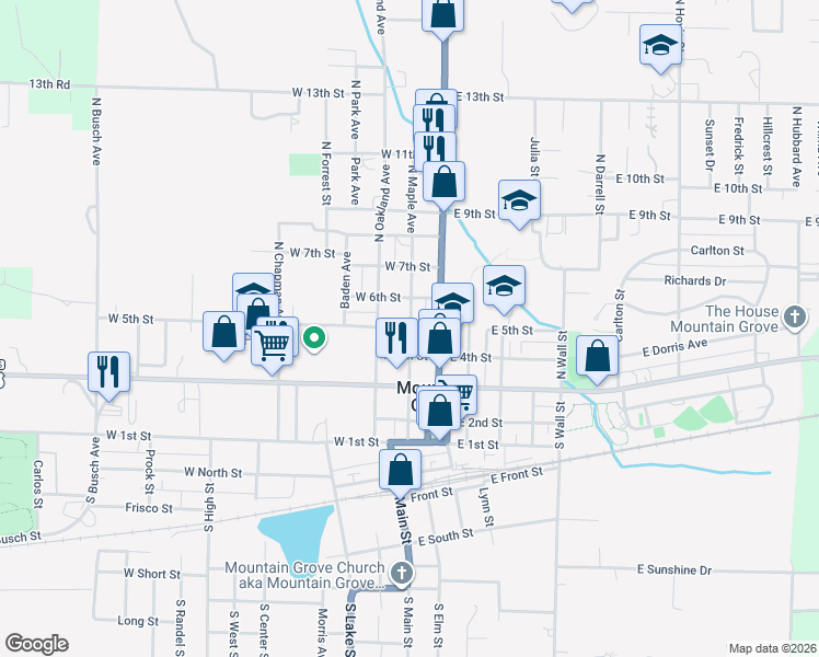 map of restaurants, bars, coffee shops, grocery stores, and more near 200 West 5th Street in Mountain Grove