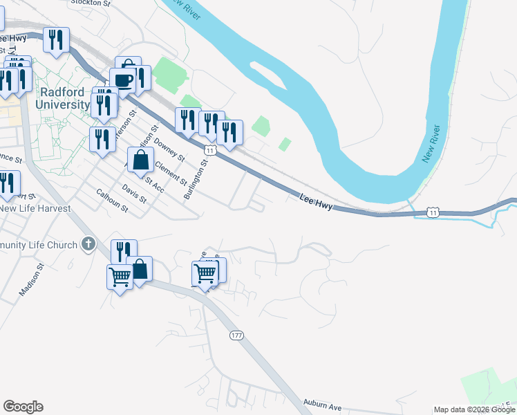 map of restaurants, bars, coffee shops, grocery stores, and more near 400 Robey Street in Radford