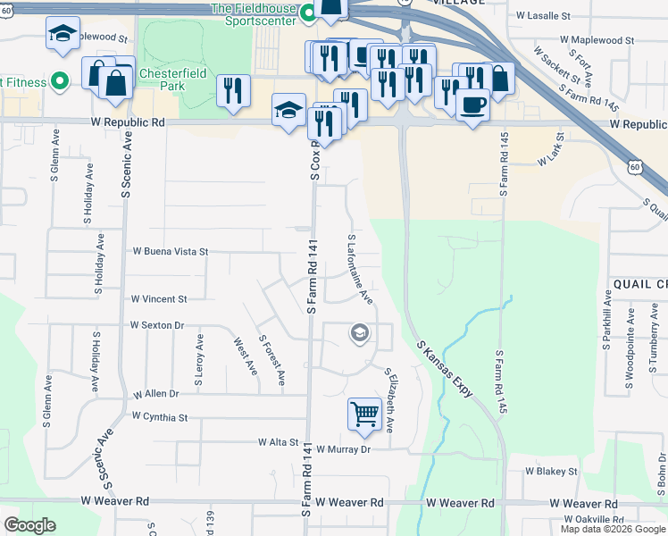 map of restaurants, bars, coffee shops, grocery stores, and more near 4543 South Lafontaine Avenue in Springfield