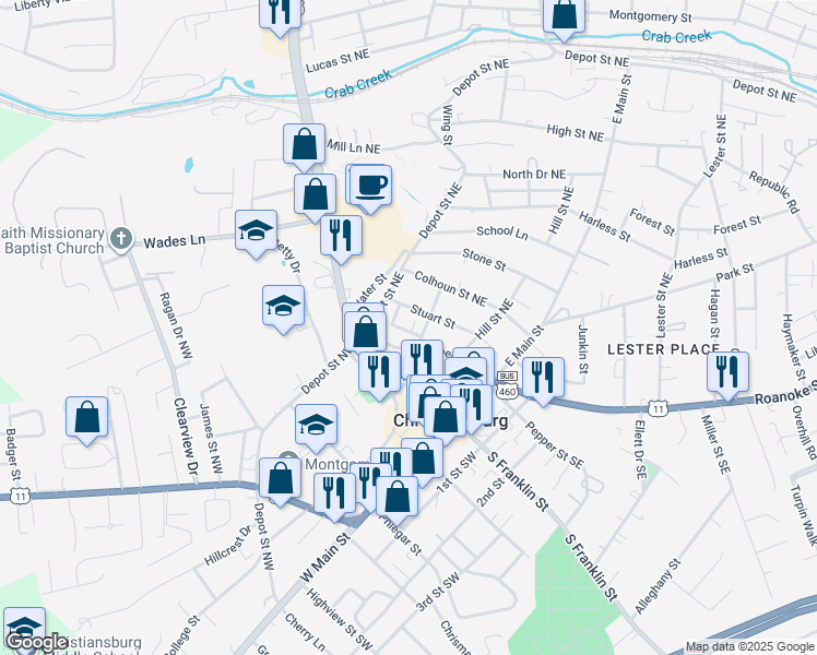 map of restaurants, bars, coffee shops, grocery stores, and more near 105 Quality Road in Christiansburg