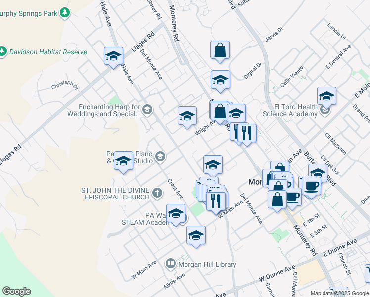 map of restaurants, bars, coffee shops, grocery stores, and more near 170 Wright Avenue in Morgan Hill