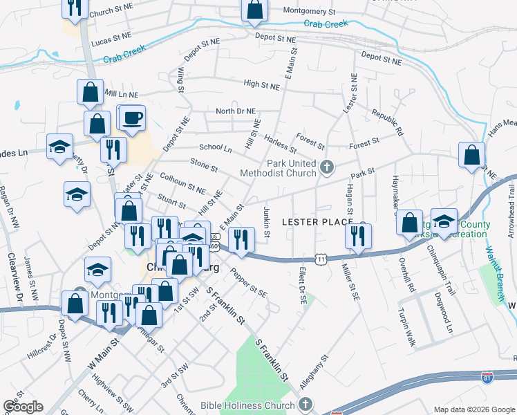 map of restaurants, bars, coffee shops, grocery stores, and more near 5 Park Street in Christiansburg