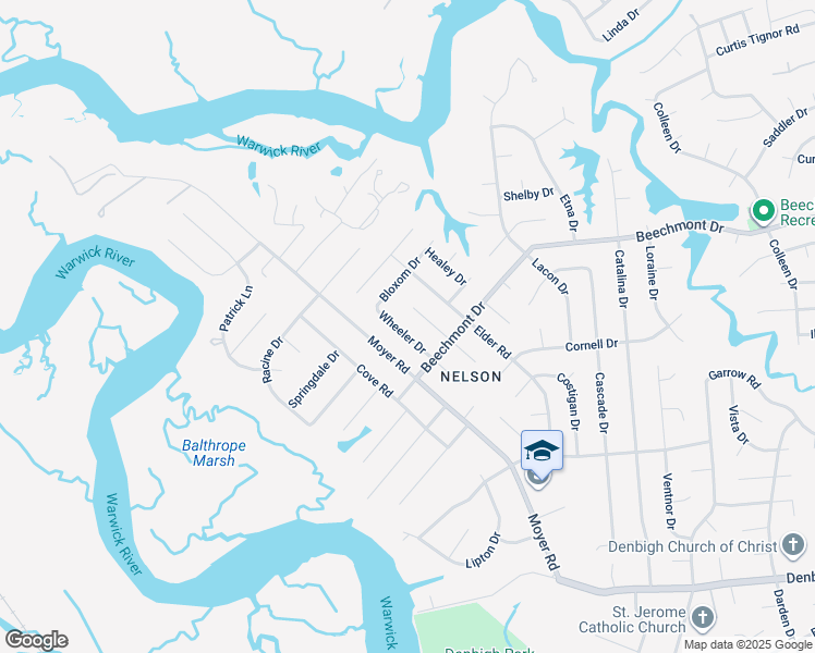 map of restaurants, bars, coffee shops, grocery stores, and more near 910 Wheeler Drive in Newport News