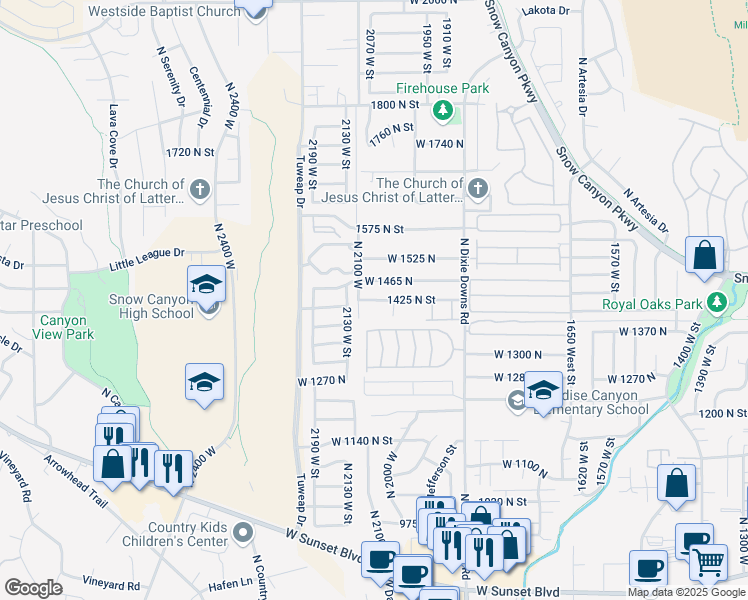 map of restaurants, bars, coffee shops, grocery stores, and more near 2061 West 1425 North in St. George