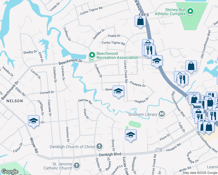 map of restaurants, bars, coffee shops, grocery stores, and more near 304 Ilene Drive in Newport News