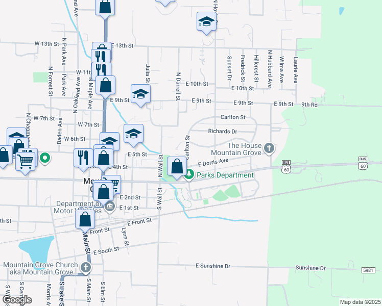 map of restaurants, bars, coffee shops, grocery stores, and more near 401 Carlton Street in Mountain Grove
