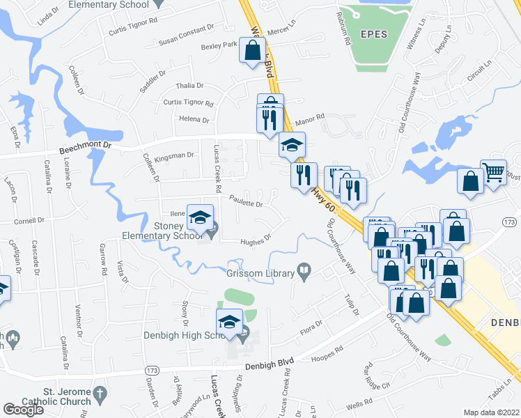 map of restaurants, bars, coffee shops, grocery stores, and more near 350 Paulette Drive in Newport News
