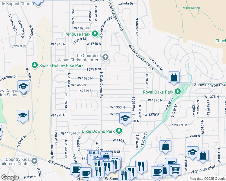 map of restaurants, bars, coffee shops, grocery stores, and more near 1450 North Dixie Downs Road in St. George