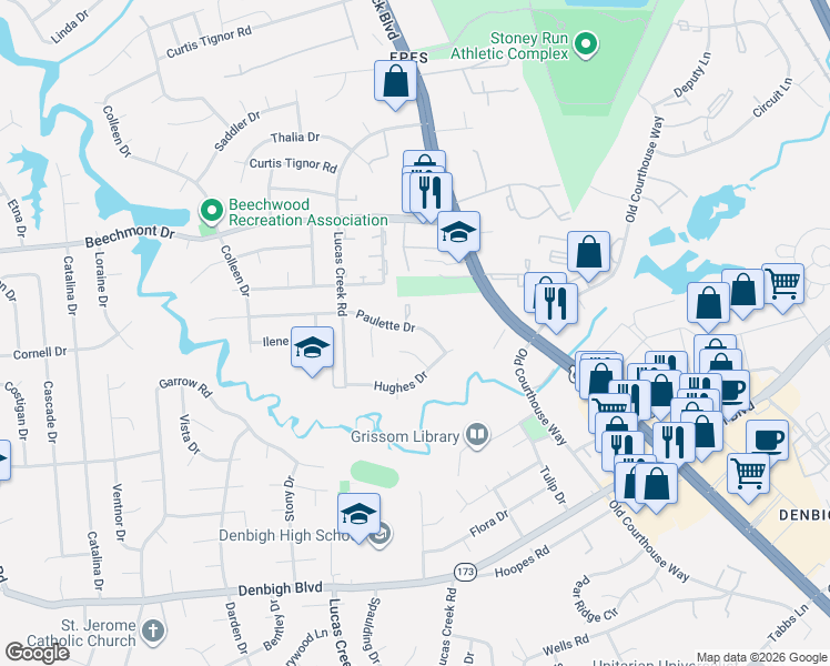 map of restaurants, bars, coffee shops, grocery stores, and more near 362 Paulette Drive in Newport News