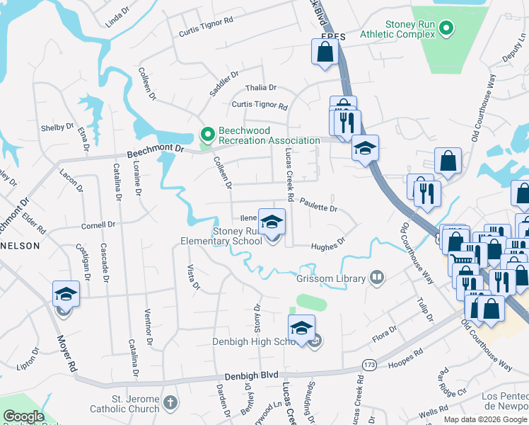 map of restaurants, bars, coffee shops, grocery stores, and more near 314 Ilene Drive in Newport News